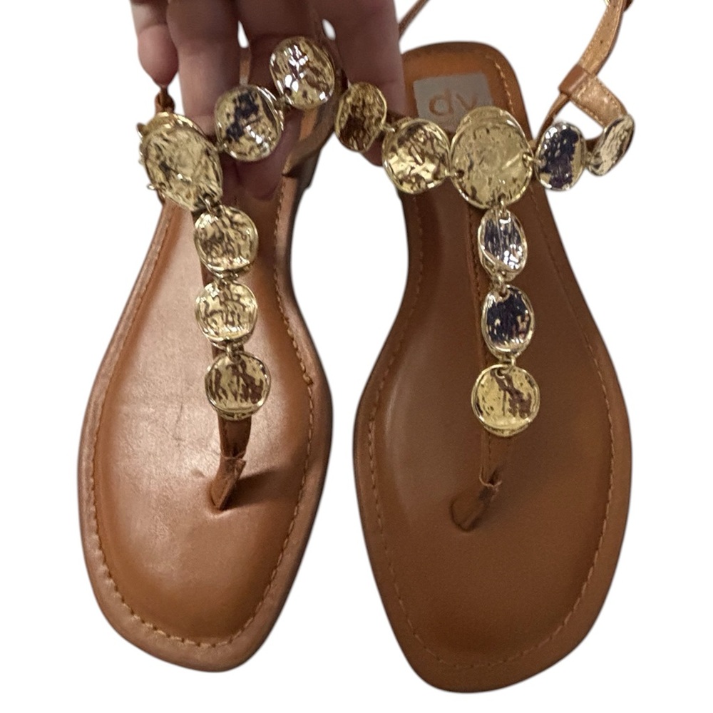 Women’s Brown Leather T-Strap Sandals with Gold Coin Accents